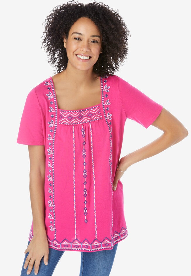 Embroidered Square Neck Tee, RASPBERRY SORBET MULTI EMBROIDERY, hi-res image number 0
