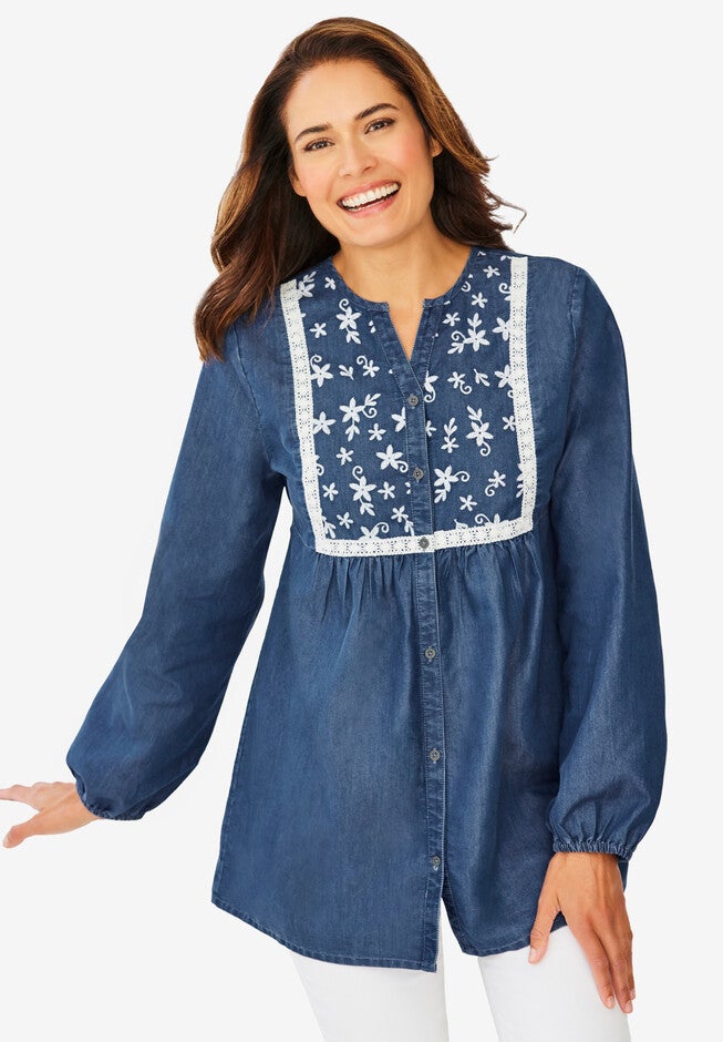 Embroidered Denim Peasant Tunic, MEDIUM STONEWASH EMBROIDERY, hi-res image number null