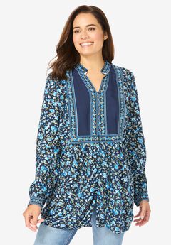 Button-Front Mixed Print Tunic
