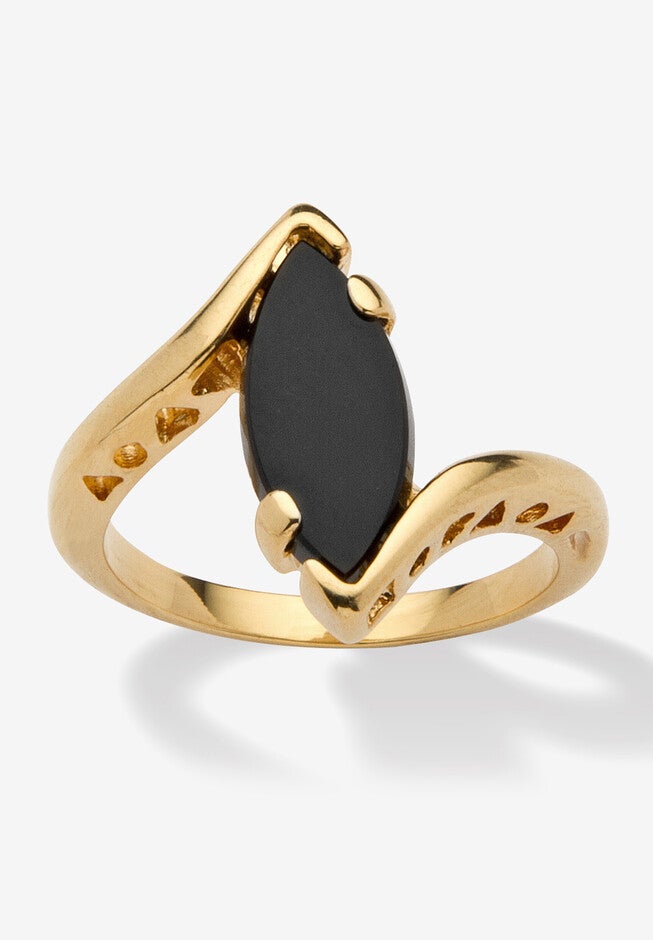 18k Yellow Gold-Plated Natural Black Onyx Marquise Shaped Bypass Ring, GOLD, hi-res image number 0