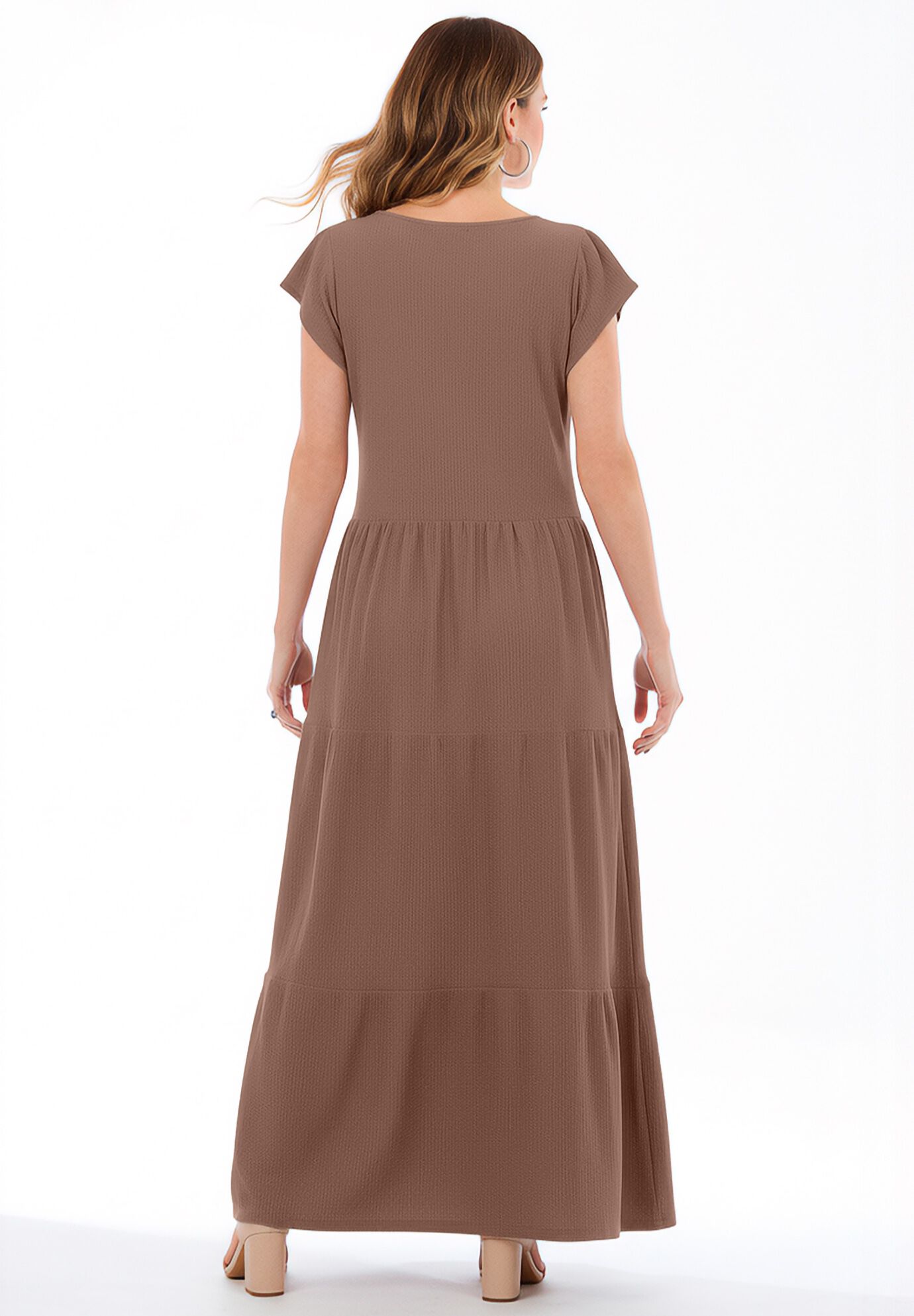 Texture Knit Tiered Flutter Sleeve Maxi Dress, MOCHA NUDE, on-hover image number 1