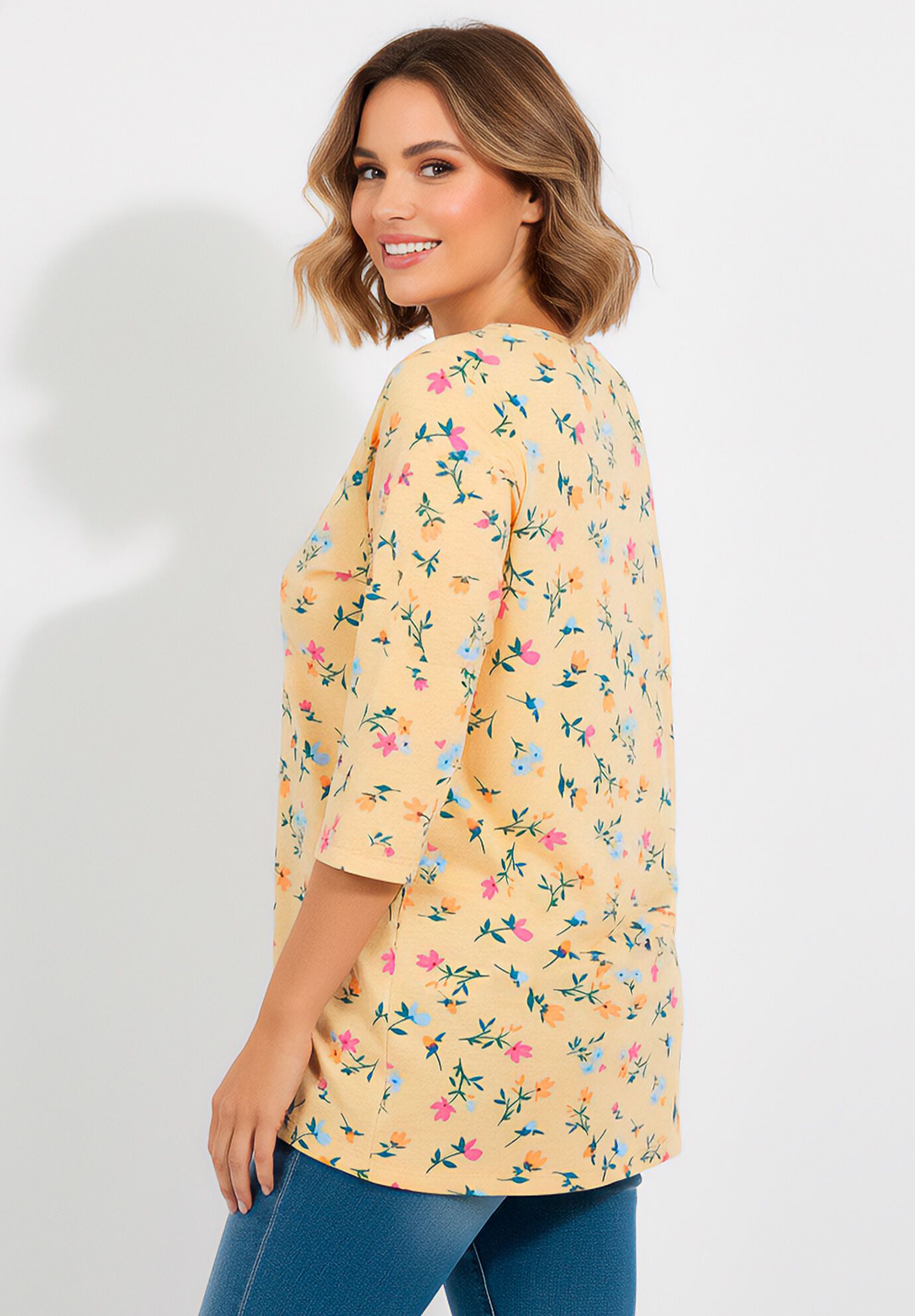Perfect Printed Three-Quarter-Sleeve V-Neck Tunic, BANANA TULIP FLOWERS, alternate image number 2