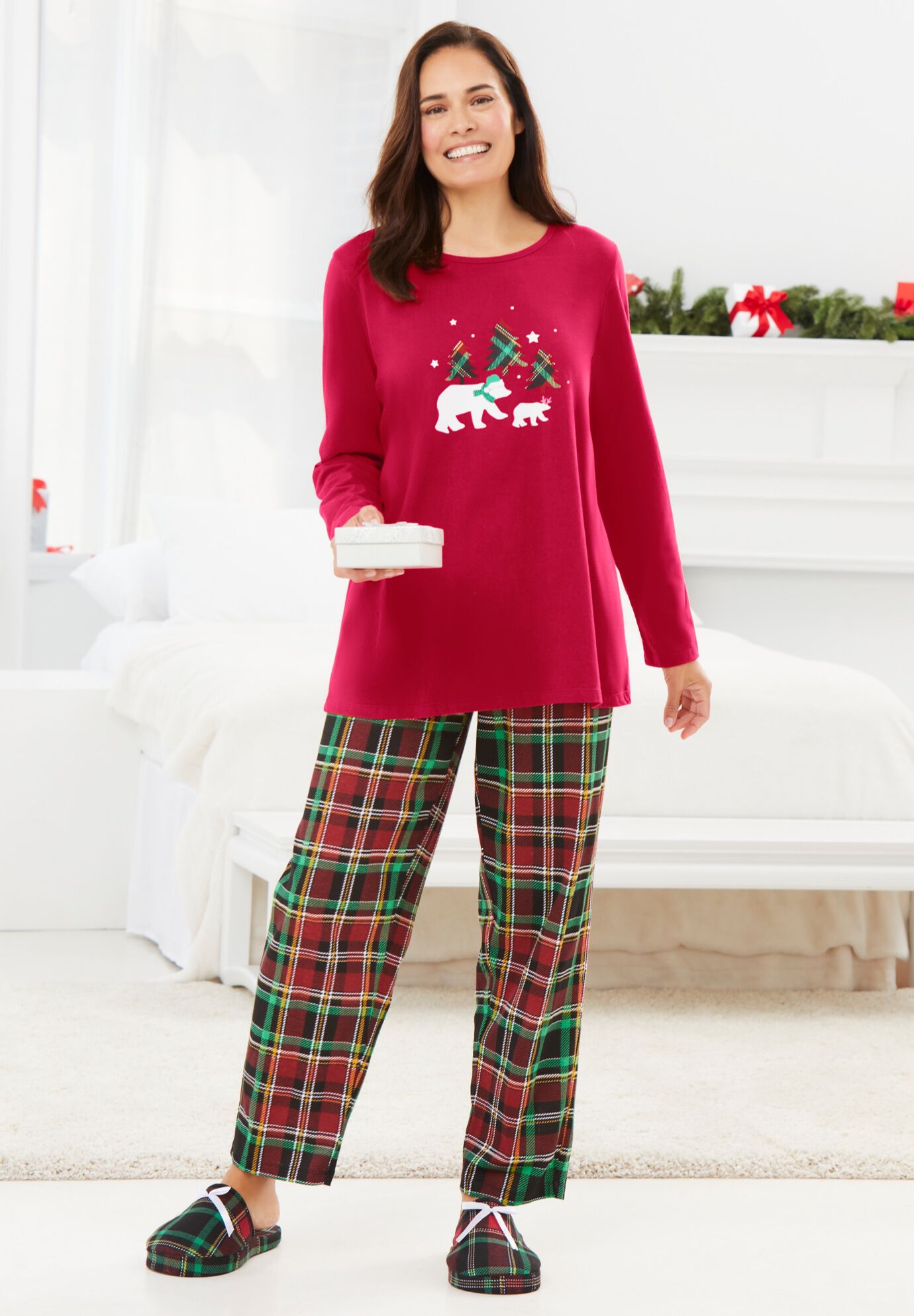 Matching Long Sleeve PJ Pant & Slipper, Classic Red Plaid, , hi-res image number 0