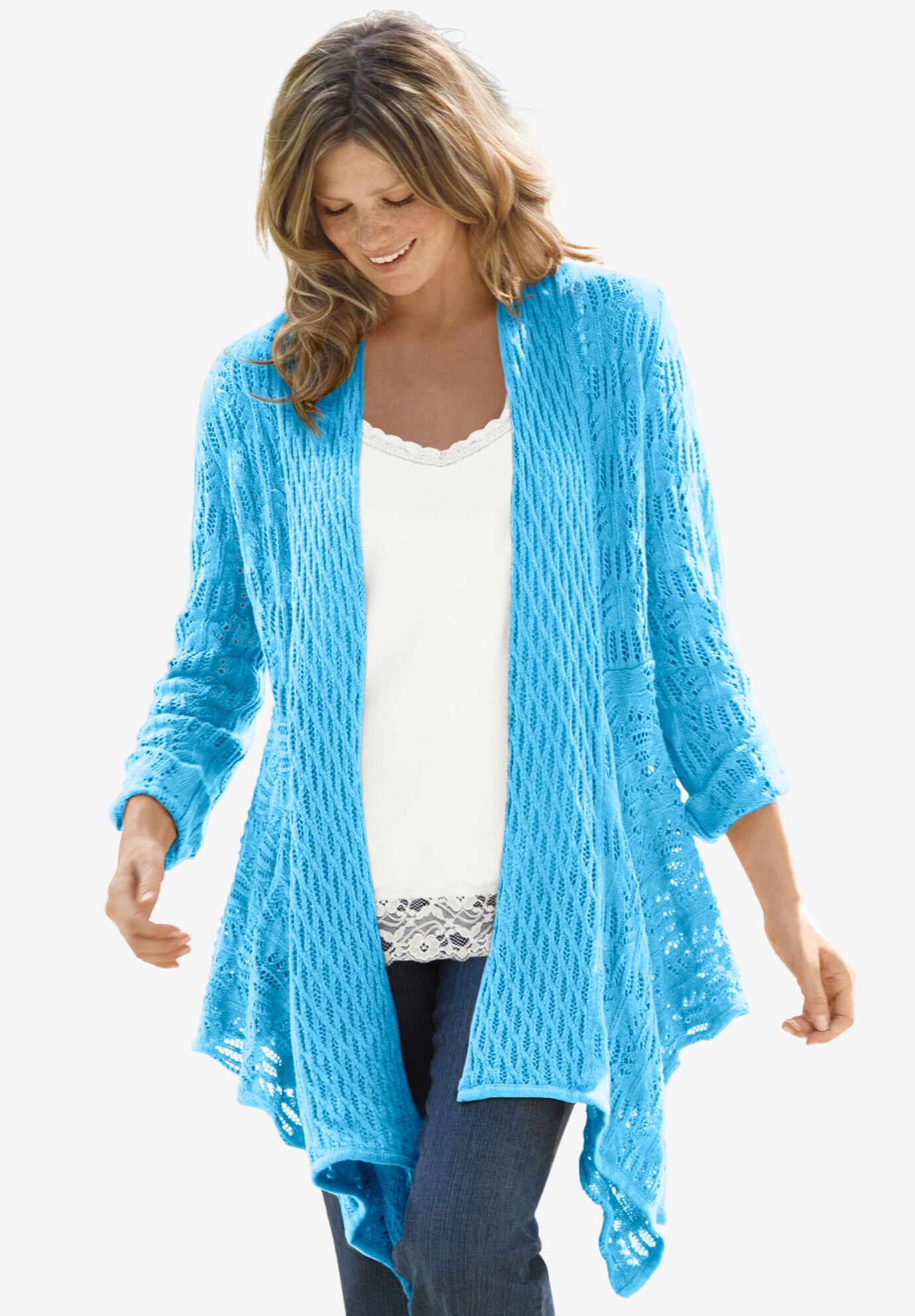 Open Front Pointelle Cardigan Woman Within