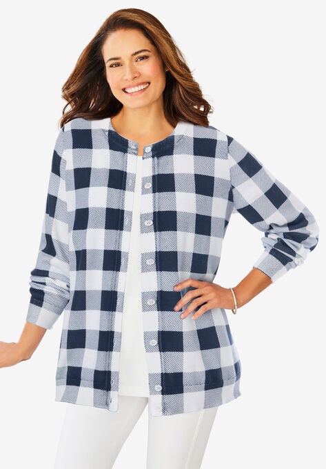 Perfect Long-Sleeve Cardigan, NAVY BUFFALO PLAID, hi-res image number null
