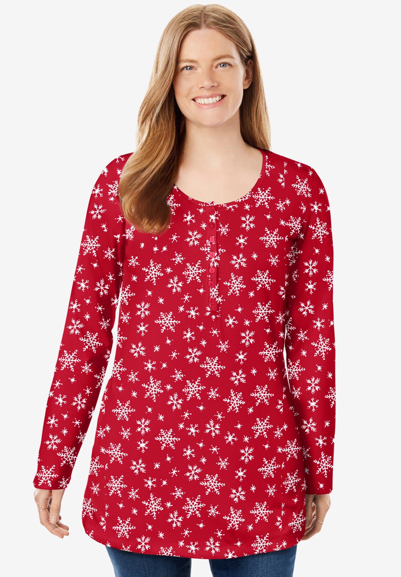 Perfect Printed Long-Sleeve Henley Tee, CLASSIC RED SNOWFLAKES, hi-res image number 0