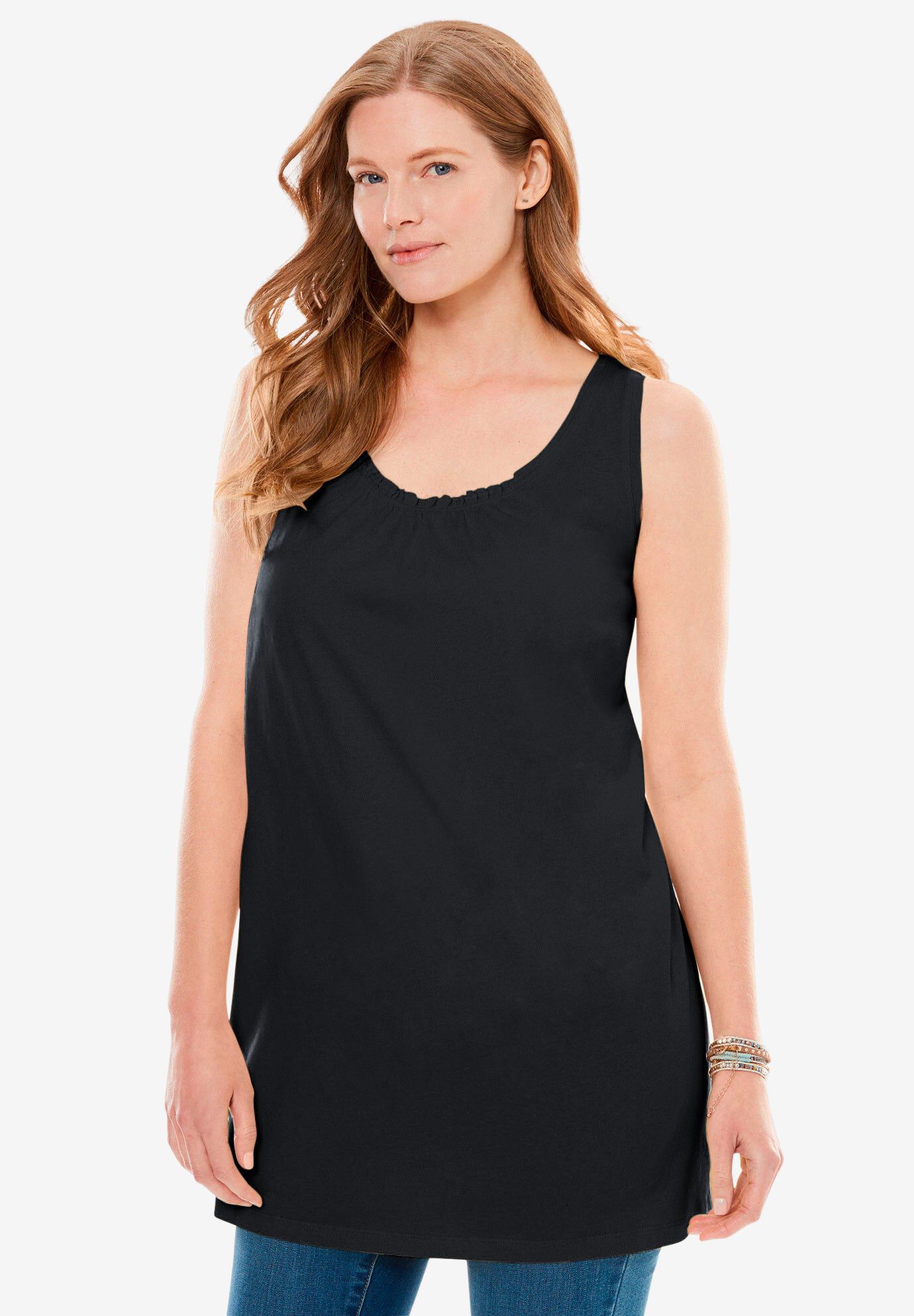 Perfect Sleeveless Shirred U-Neck Tunic, BLACK, hi-res image number 0