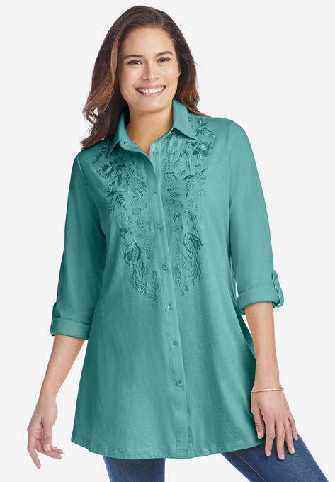 Button-Front Embroidered Tunic, AZURE EMBROIDERY, hi-res image number null