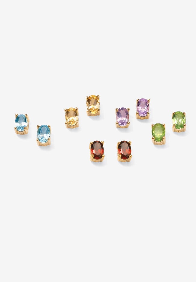 Gold Over Sterling Silver Stud Earrings (6X4Mm) Oval Genuine Gemstones, AMETHYST, hi-res image number 0