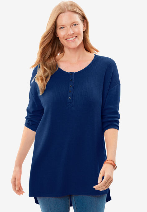 Washed Thermal High-Low Henley Tunic, EVENING BLUE, hi-res image number null