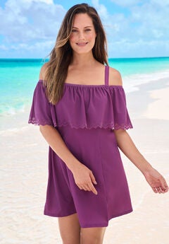 Laser-Cut Off-The-Shoulder Swim Dress