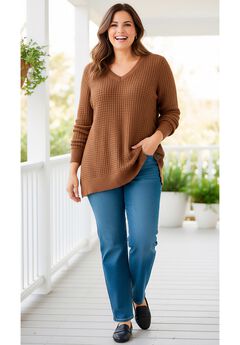 Side Button V-Neck Waffle Knit Sweater