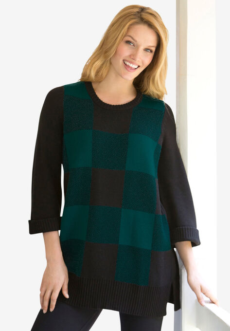Buffalo Plaid Pullover Sweater, EMERALD GREEN BUFFALO PLAID, hi-res image number null