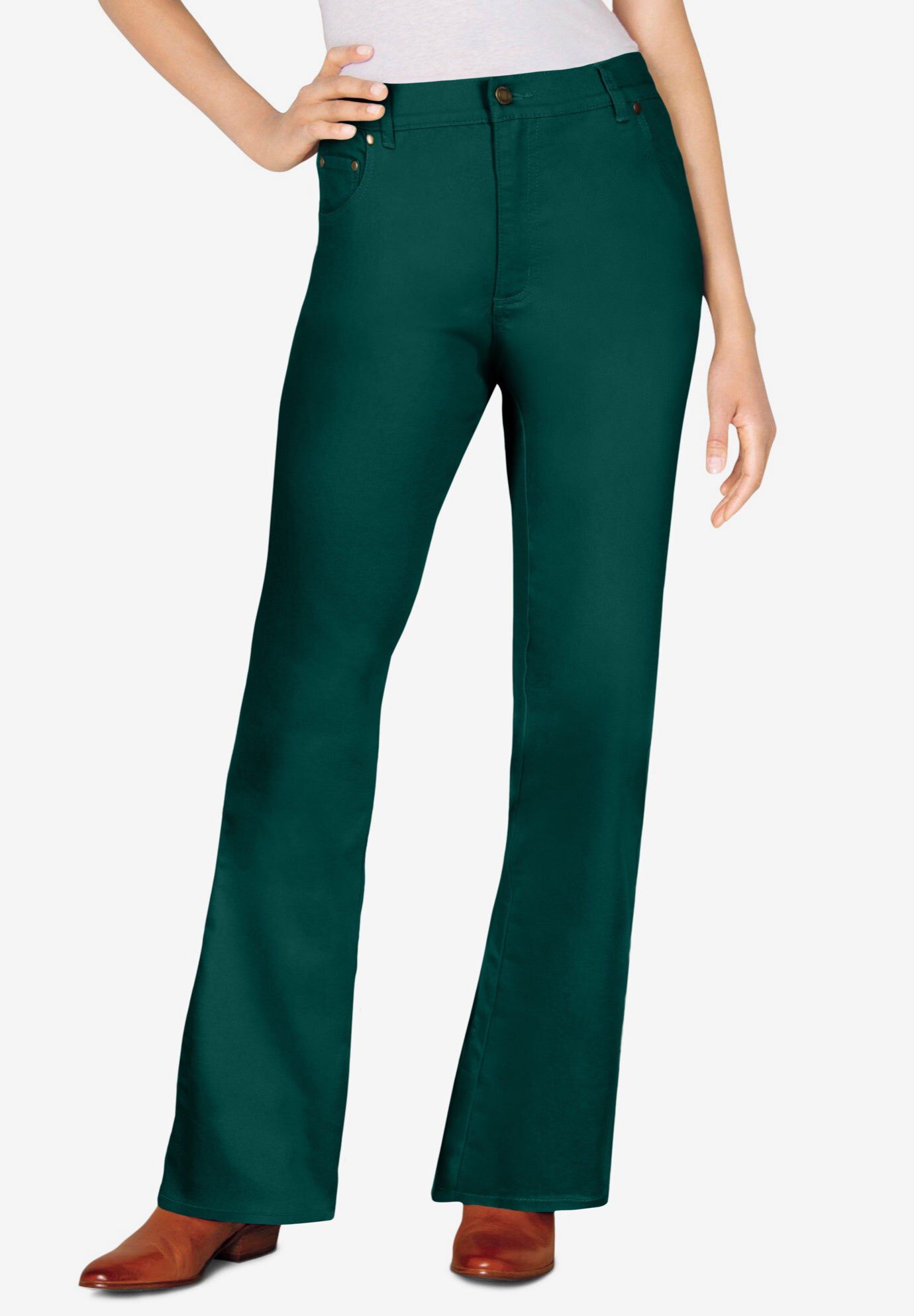Stretch Denim Five-Pocket Bootcut Jeans, EMERALD GREEN, hi-res image number 0