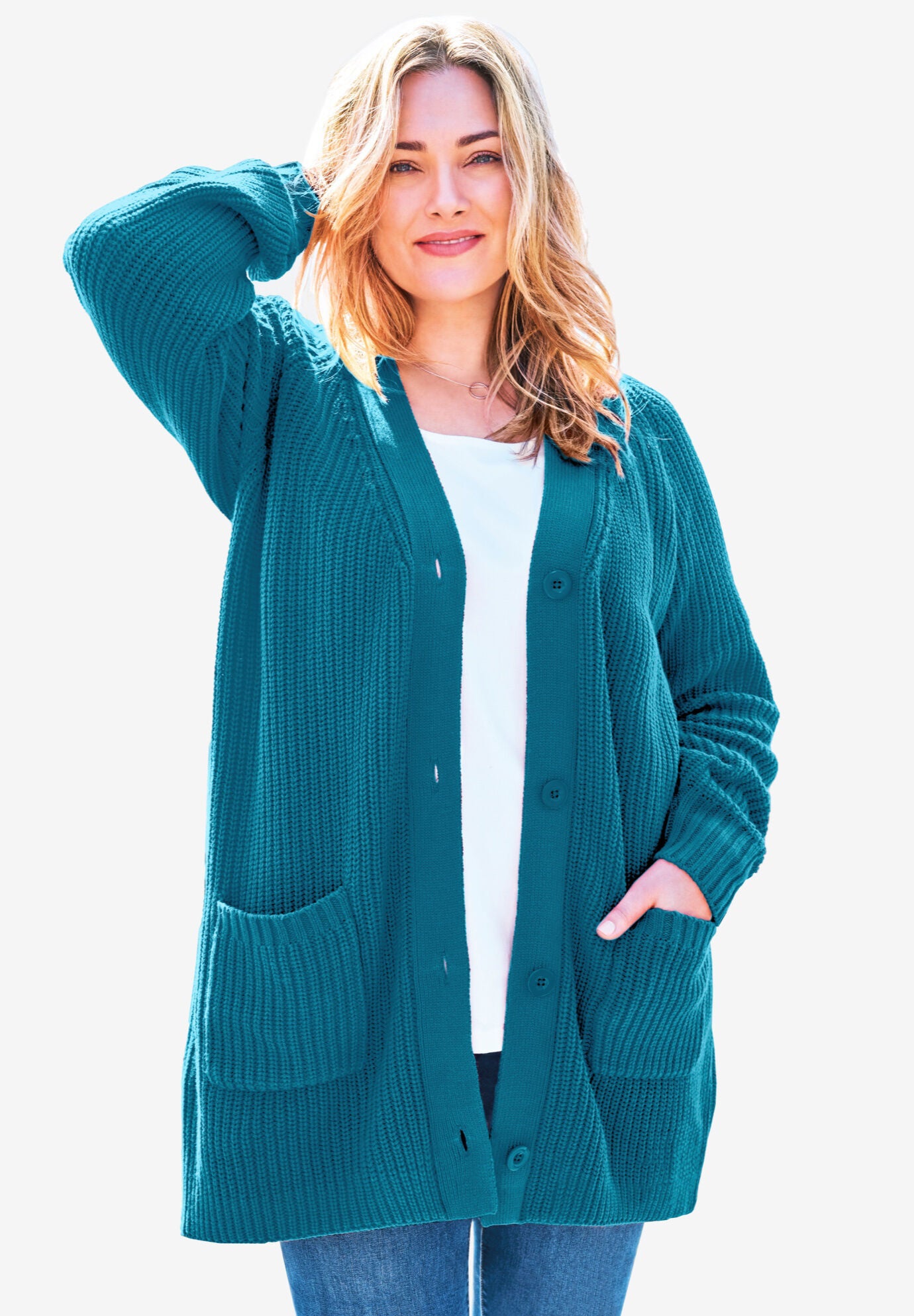 Button-Front Shaker Cardigan Sweater, DEEP TEAL, on-hover image number 1