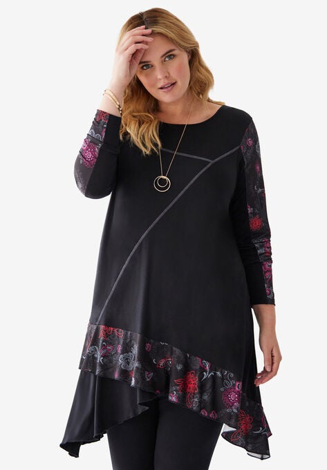 Asymmetric Tunic, BLACK STAMP FLORAL, hi-res image number null