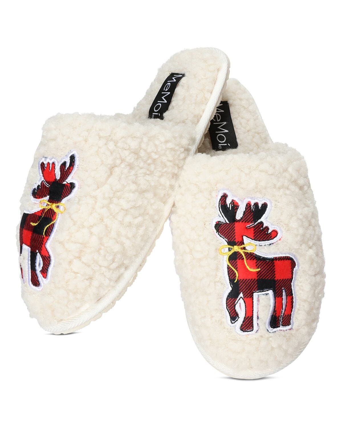Women's Plaid Reindeer Plush Slippers, IVORY, alternate image number 1