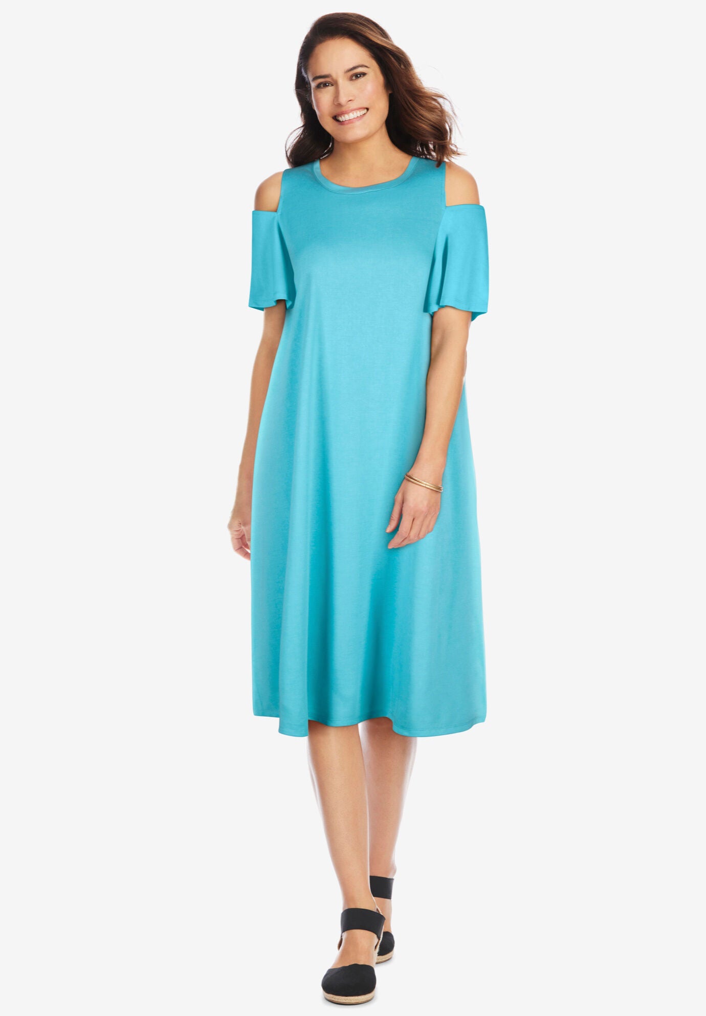 Cold Shoulder Tee Dress for All Day Wear Pretty Turquoise Woman Within