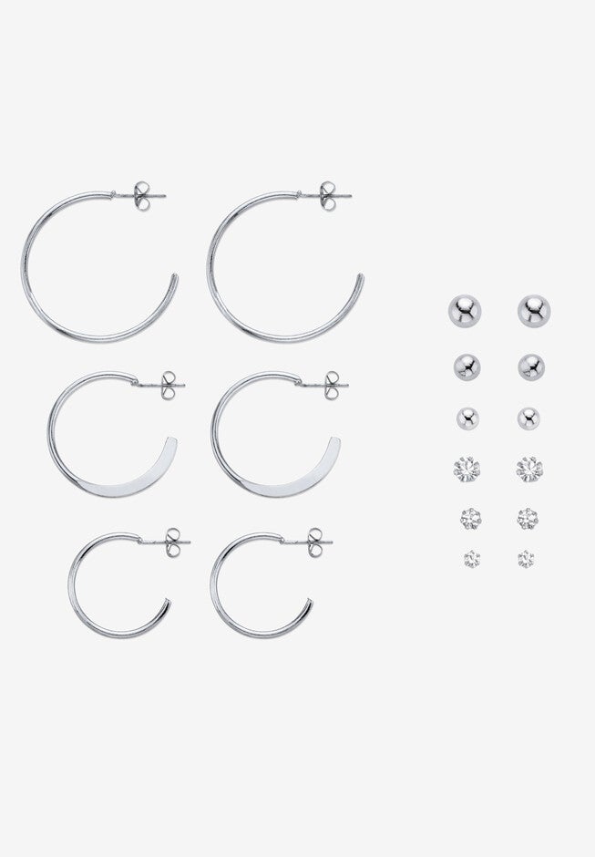 Silver Tone Crystal Stud 9-Piece Earring Set, CRYSTAL, hi-res image number null