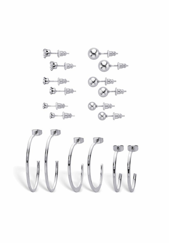 Silver Tone Crystal Stud 9-Piece Earring Set, , on-hover image number null