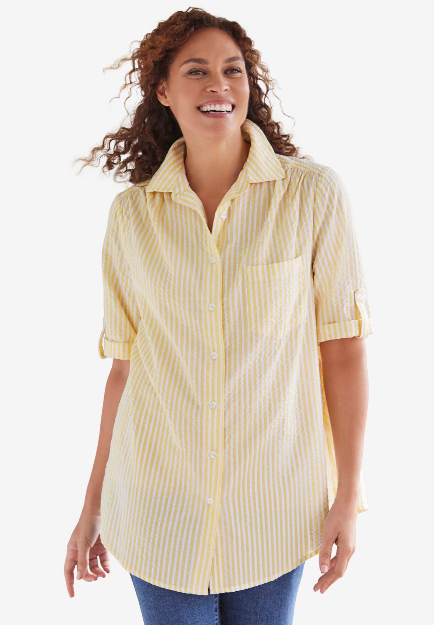 Woman Within Women s Plus Size Short Sleeve Button Down Seersucker Shirt 6X Primrose Yellow Pop Stripe