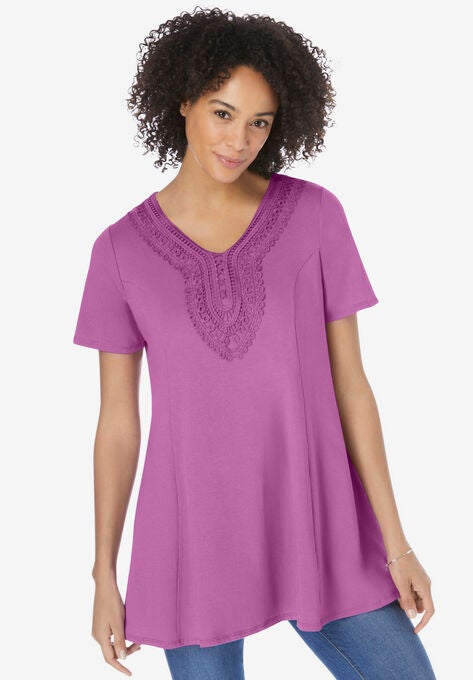 Rounded V-Neck Crochet Tunic, PRETTY ORCHID, hi-res image number null