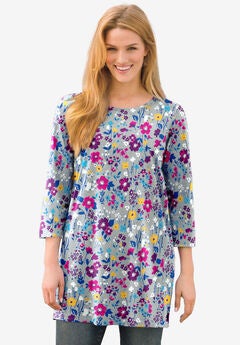 Perfect Printed Three-Quarter-Sleeve Scoopneck Tunic