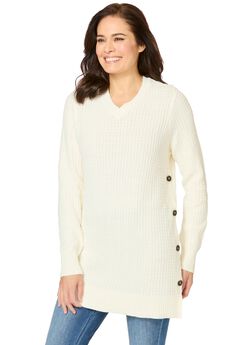 Side Button V-Neck Waffle Knit Sweater