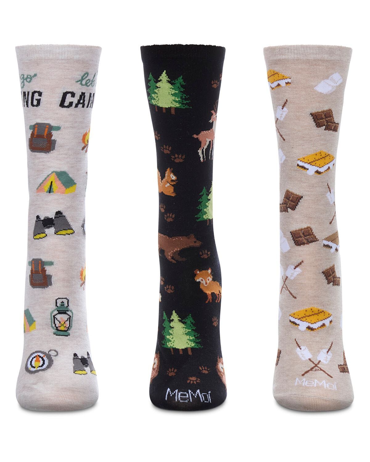 3 Pair "Let's Go Camping" Rayon-Blend Novelty Crew Socks Gift Set, BROWN MULTI, alternate image number 1