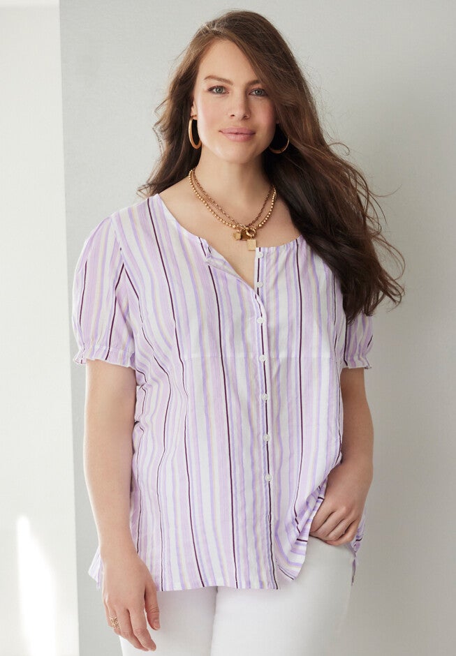 Button-Front Tunic, SOFT IRIS MULTI STRIPE, hi-res image number 0
