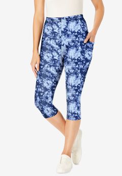 Stretch-Cotton Knit Pull-On Printed Pocket Capri Leggings