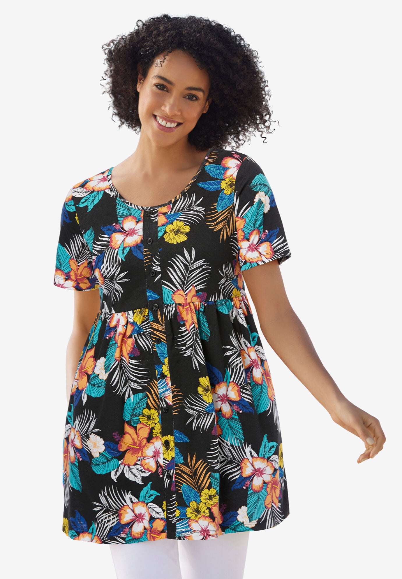 Short Sleeve Empire Waist Tunic Top Black Hibiscus Tropicana Woman Within