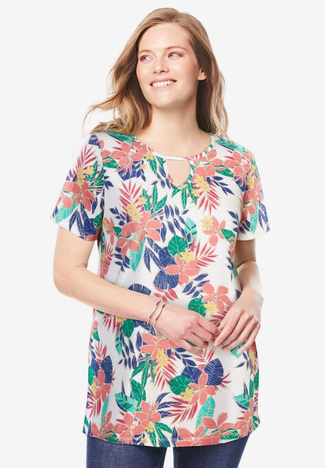 Perfect Printed Short-Sleeve Keyhole Tee, WHITE MULTI PRETTY TROPICANA, hi-res image number null