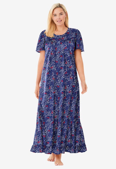 Long Floral Print Cotton Gown, EVENING BLUE CARDINALS, hi-res image number null
