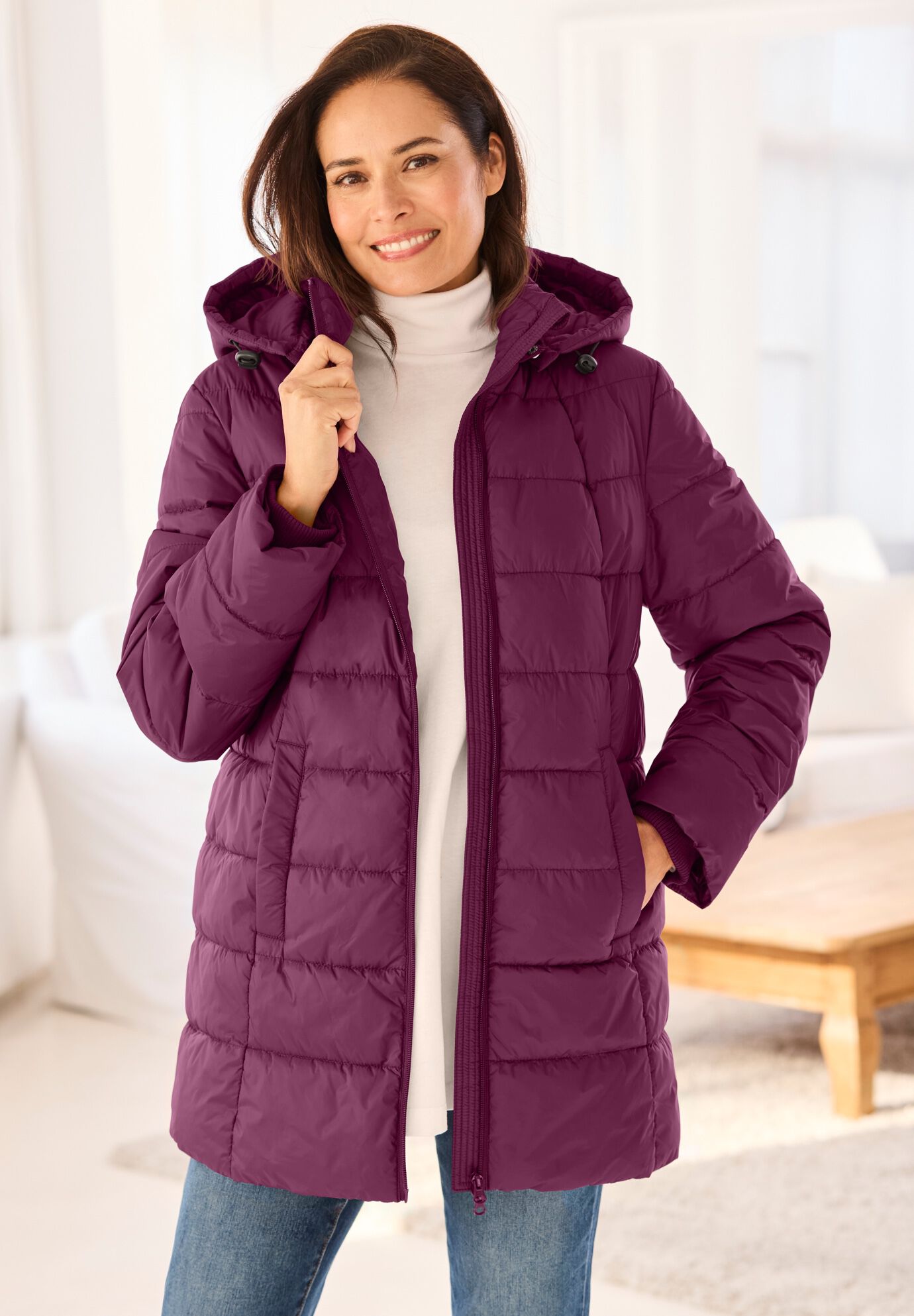 Hands-Free Puffer Coat, DEEP CLARET, on-hover image number 1