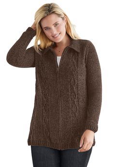 Chenille Zip Cable Cardigan Sweater