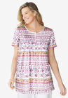 Short-Sleeve Pintucked Henley Tunic, WHITE PATCHWORK STRIPE, hi-res image number null