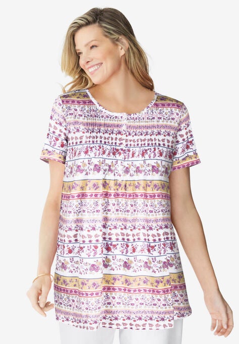 Short-Sleeve Pintucked Henley Tunic, WHITE PATCHWORK STRIPE, hi-res image number null