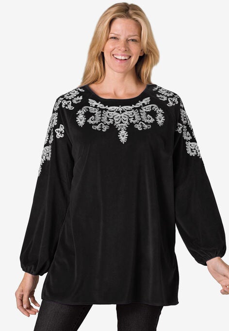 Embroidered Velour Tunic, BLACK EMBROIDERY, hi-res image number null