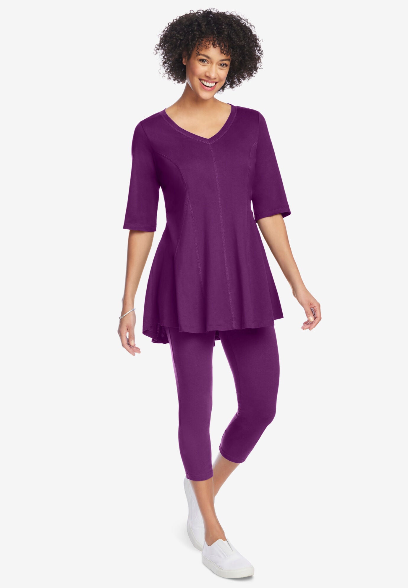Elbow Sleeve V-Neck Fit and Flare Tunic, , alternate image number 4