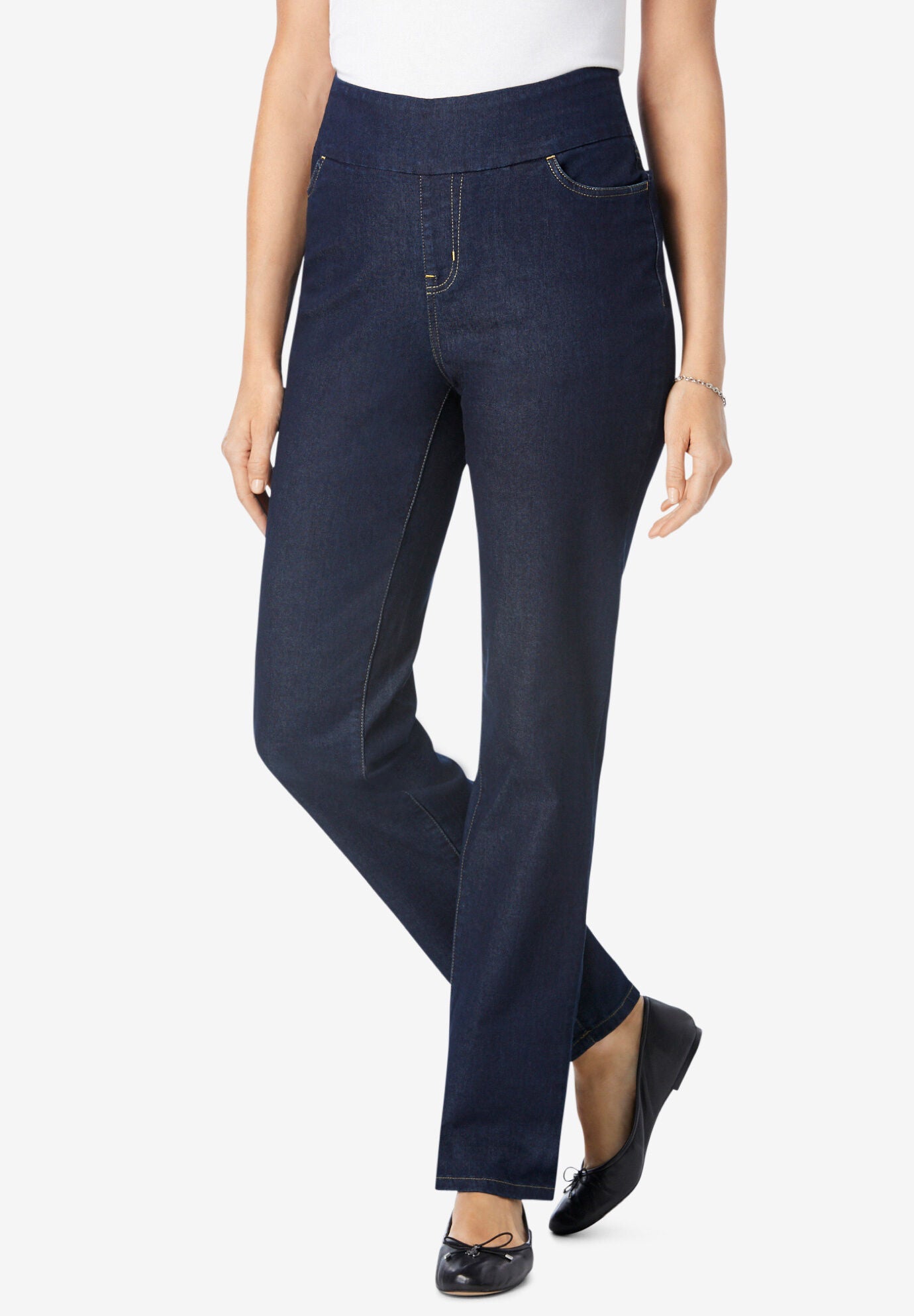 Pull on stretch straight leg jeans shop