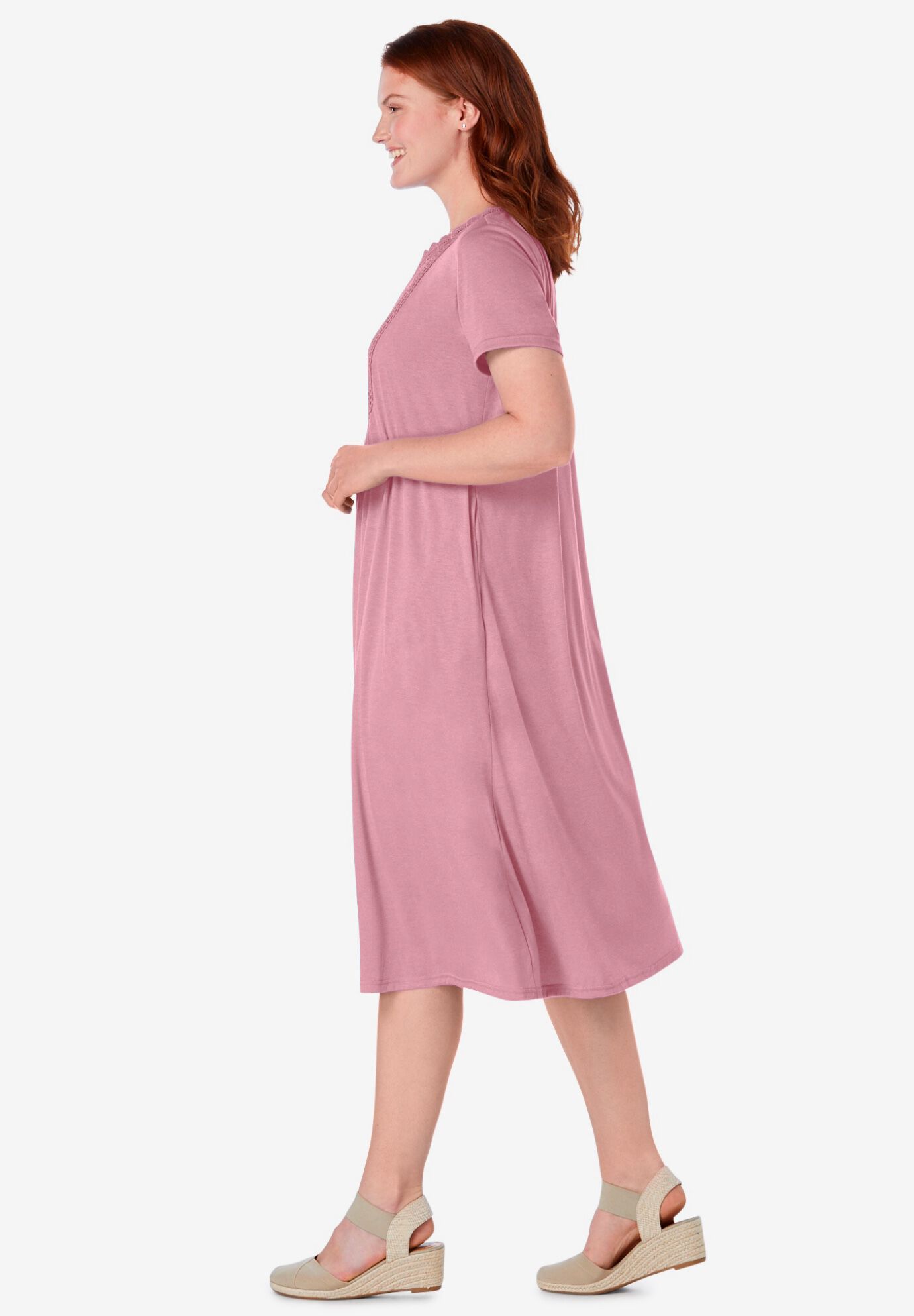 Embroidered Lace Bib Knit Dress, DUSTY PINK, alternate image number 2