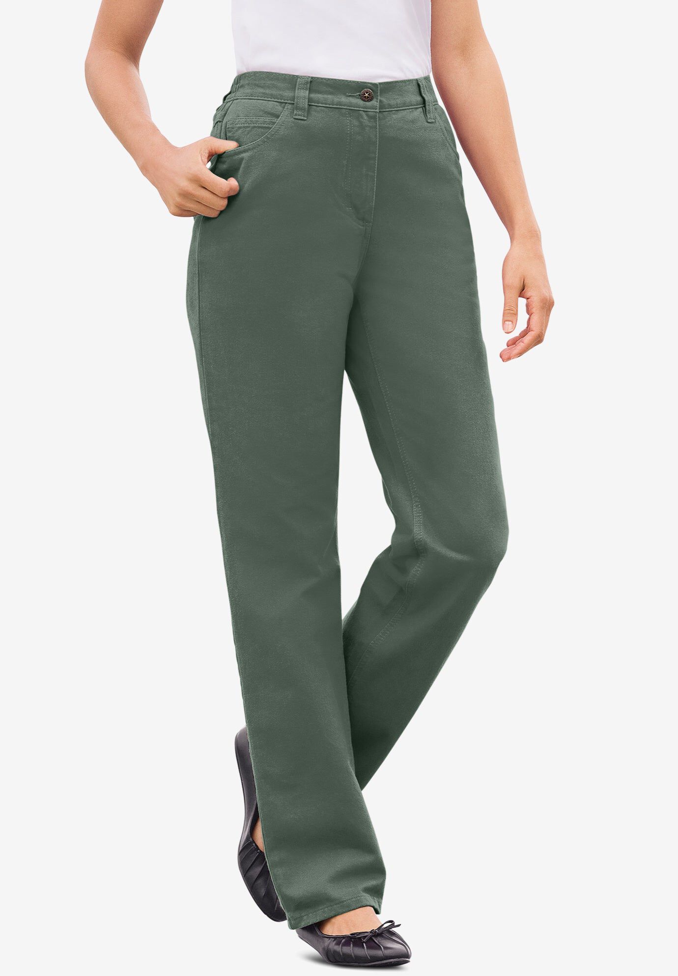 Perfect Back-Elastic Gap-Free Straight-Leg Cotton Jeans, PINE, hi-res image number 0