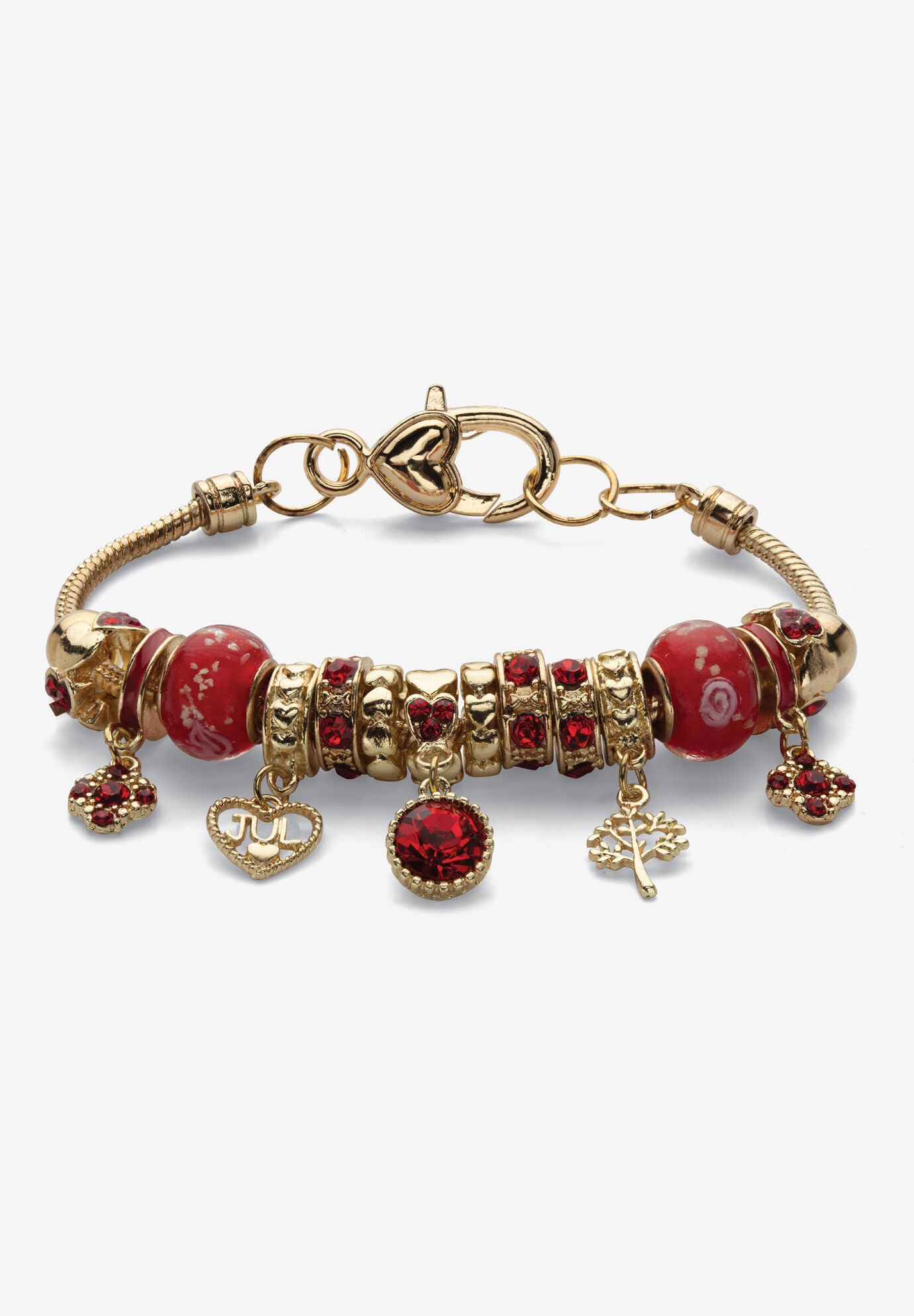 Goldtone Antiqued Birthstone Bracelet (13mm), Round Crystal 8 inch Adjustable, JULY, hi-res image number 0