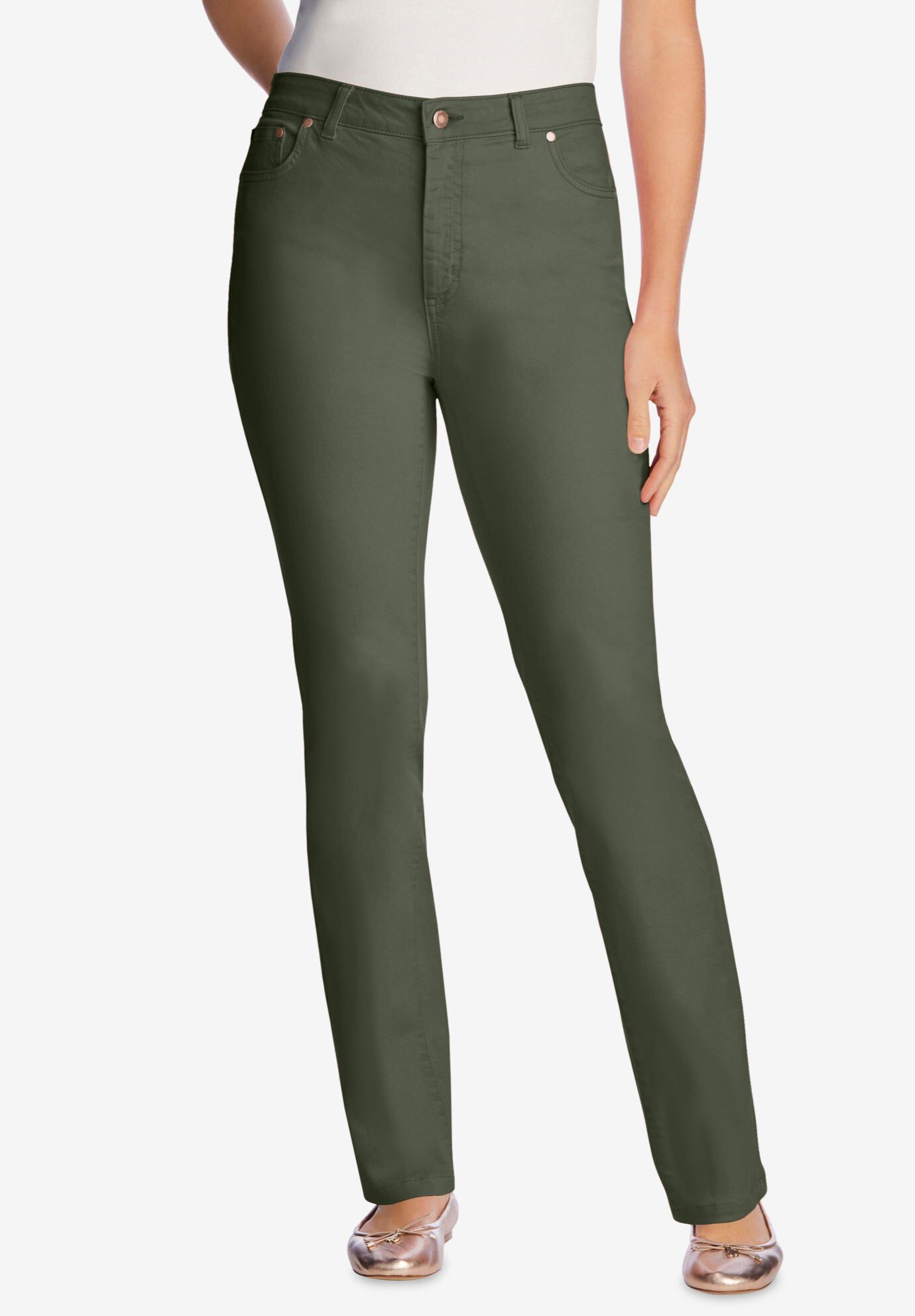 Stretch Denim 5-Pocket Straight-Leg Jeans, OLIVE GREEN, hi-res image number 0