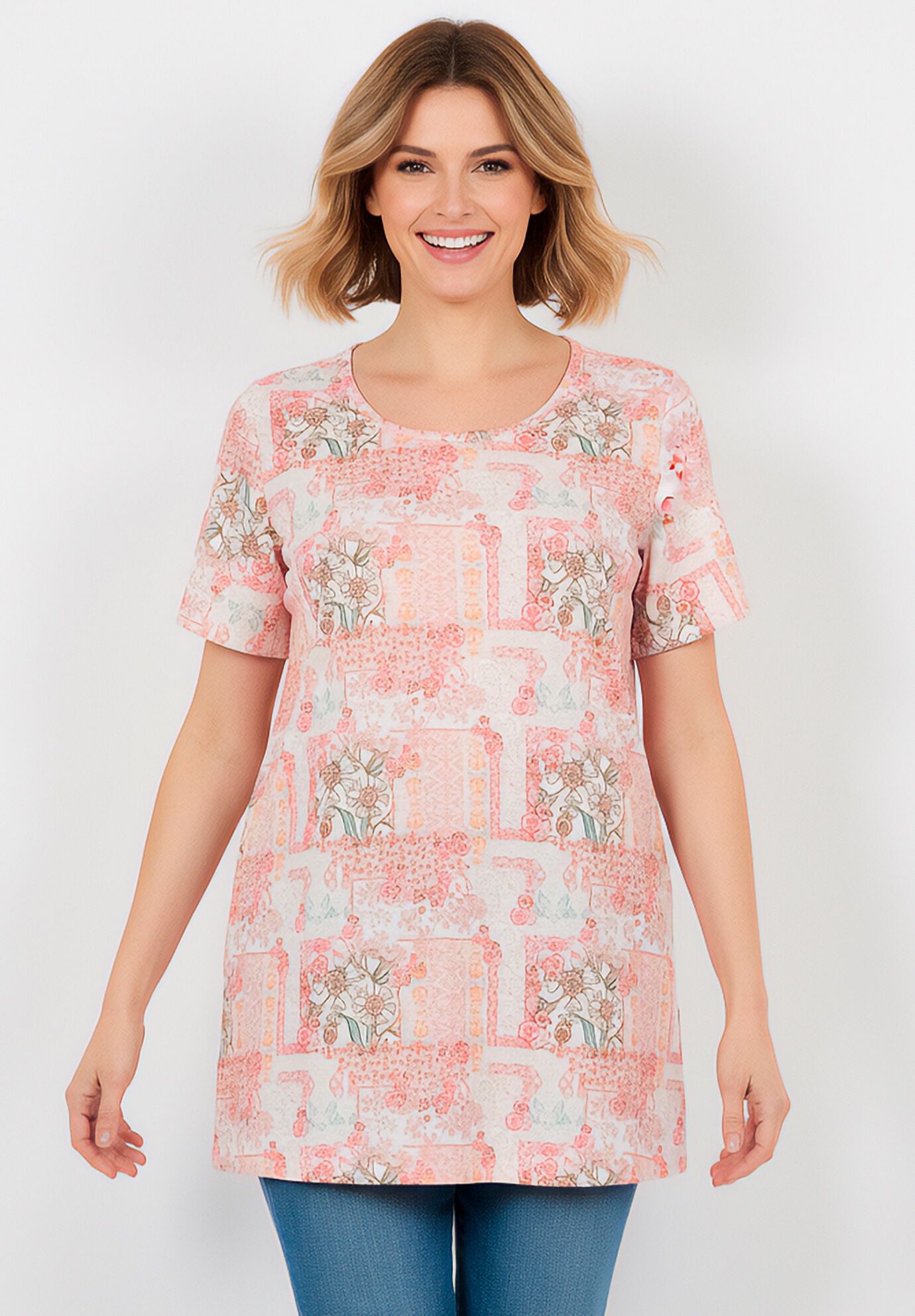 Short Sleeve Watercolor Tunic, IVORY PETAL PATCHWORK, hi-res image number 0