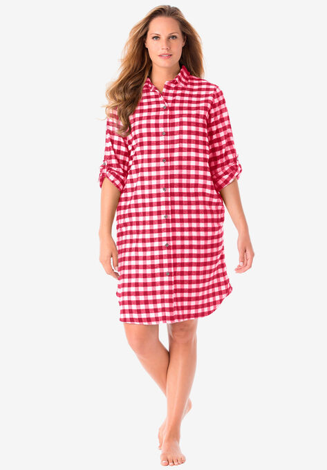 Sleepshirt in plaid flannel with button front, RED BUFFALO PLAID, hi-res image number null