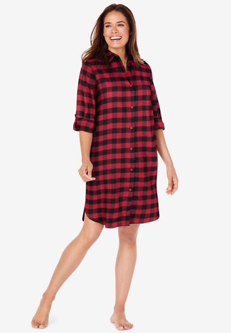 Sleepshirt in plaid flannel with button front, RED BUFFALO PLAID, hi-res image number null