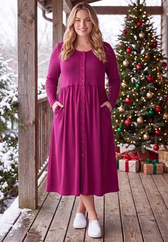 Long-Sleeve Button-Front Knit Dress