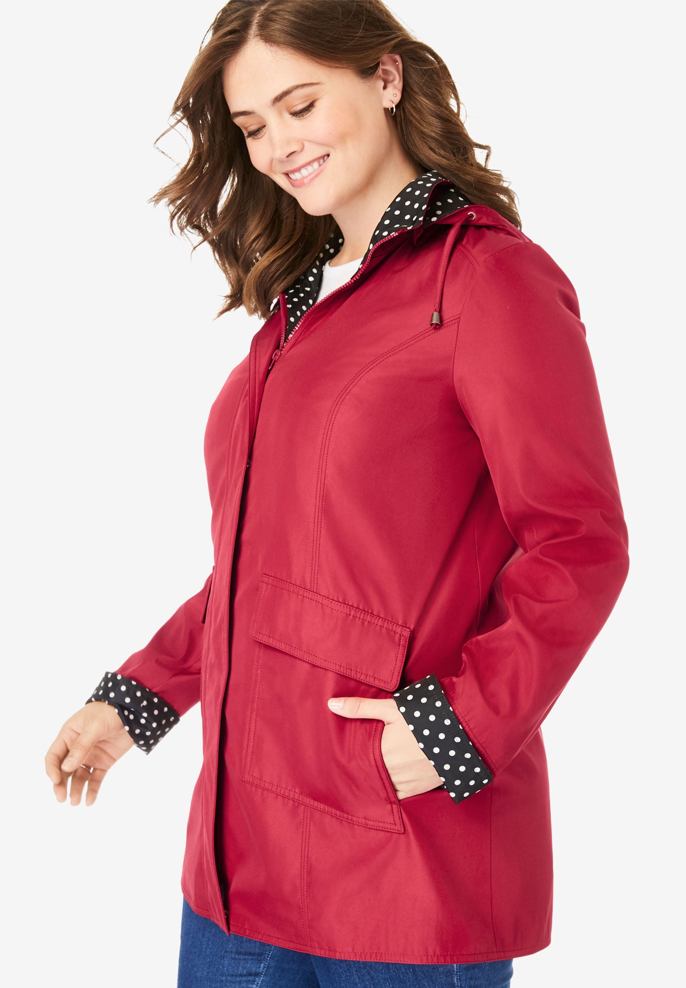 Plus Size Dot Trim Raincoat - Multi-Season Warmth, Black | Woman Within